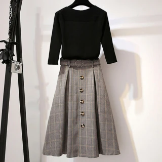 【艾美時尚】現貨 女裝 兩件式 巴黎優雅淑女七分袖長裙套裝。加大碼S-XL(2色)