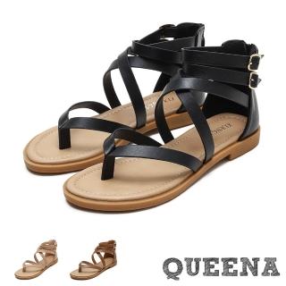 【QUEENA】羅馬涼鞋 人字涼鞋/經典人字繫帶皮帶釦飾復古羅馬涼鞋(3色任選)