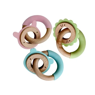 【kushies】LR 矽膠原木造型雙環固齒玩具(粉藍小熊/粉紅小兔/粉綠小獅 - 年節特價)