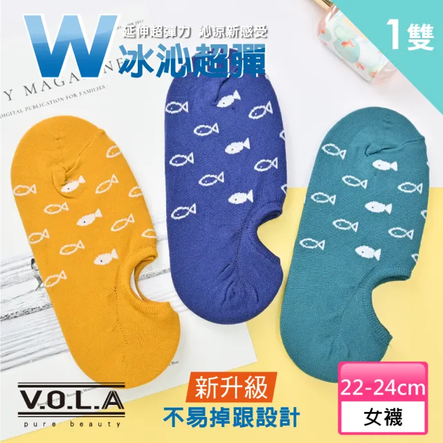 【VOLA 維菈】W冰沁超彈-可愛小魚 涼感透氣隱形船襪(MIT台灣製  涼感紗添加 快速排汗 W跟織法設計)