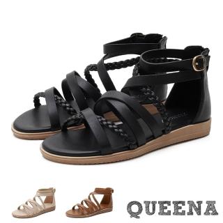 【QUEENA】羅馬涼鞋 編織涼鞋 交叉涼鞋/經典細繩編織交叉造型低跟羅馬涼鞋(3色任選)