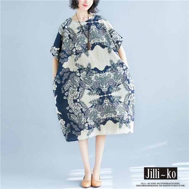 【JILLI-KO】文藝風印花棉麻連衣裙-F(杏)