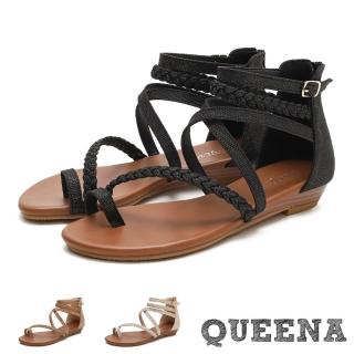 【QUEENA】羅馬涼鞋 夾腳涼鞋/經典指環編織繞帶造型時尚低跟羅馬涼鞋(3色任選)