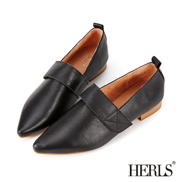 HERLS 樂福鞋-全真皮蝴蝶結釦飾小方頭低跟樂福鞋(黑色)