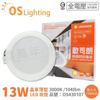 【Osram 歐司朗】2入組 LEDVANCE 晶享 13W 3000K 黃光 全電壓 15cm薄型崁燈 OS430107