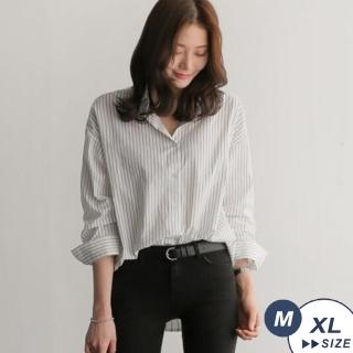 【LANNI 藍尼】★都會女人直條紋襯衫(立領/長袖/寬鬆/上衣/上班族/通勤)