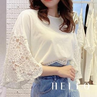 【BBHONEY】甜美布蕾絲寬袖圓領t 短袖上衣(網美必備款)
