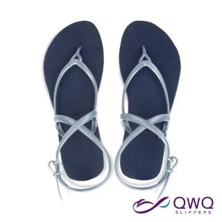 【QWQ】綁帶羅馬涼鞋-Elegant交叉露趾涼拖鞋-防滑防水雨鞋-藏青藍-灰鞋帶 MIT(GGAA)