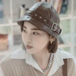 【OT SHOP】女款 質感皮革漁夫帽 盆帽 水桶帽 C2177(短帽沿 法式風格盆帽 復古皮扣設計)
