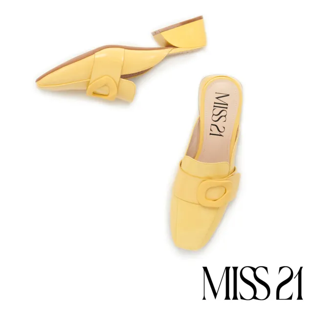 【MISS 21】個性環釦漆皮方頭高跟穆勒拖鞋(黃)