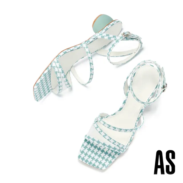 【AS 集團】微透視覺網紗簍空繫帶造型格紋布方頭低跟涼鞋(藍)
