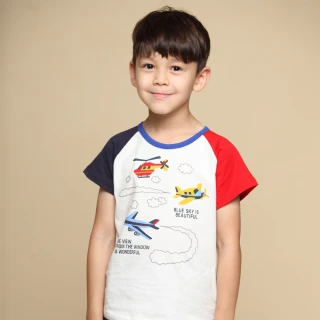 【Azio Kids 美國派】男童 上衣 飛機白雲印花配色棒球短袖上衣T恤(白)