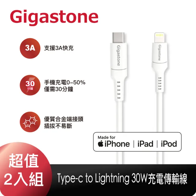 【Gigastone 立達】Type-c to Lightning 30W充電傳輸線2入組CL-7600W(支援iPhone 14/13 30W快速充電)