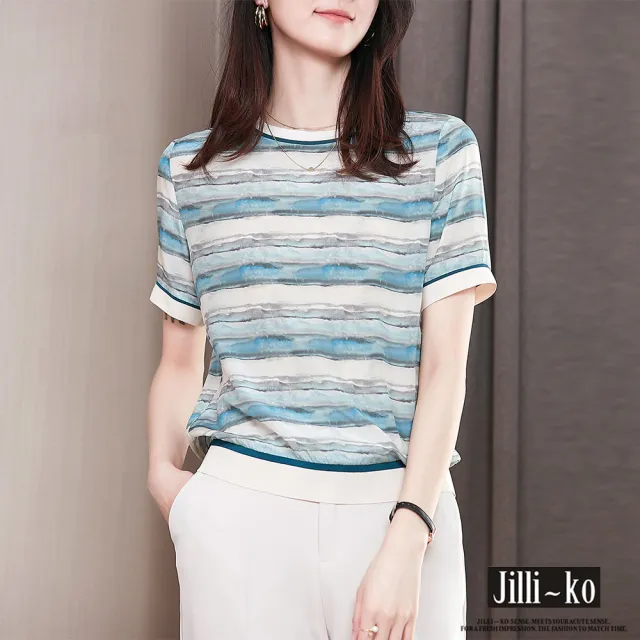 【JILLI-KO】渲彩條紋印花絲質小衫-M/L(藍)