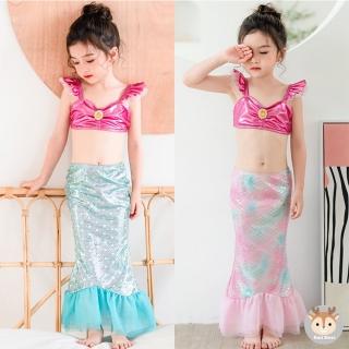 【Kori Deer 可莉鹿】炫彩亮面美人魚兒童泳裝三件式套裝兼萬聖節派對變裝造型服(女童比基尼防曬含泳衣泳褲)
