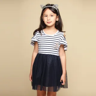 【Azio Kids 美國派】女童  洋裝 露肩橫條紋荷葉短袖網紗洋裝(藍)