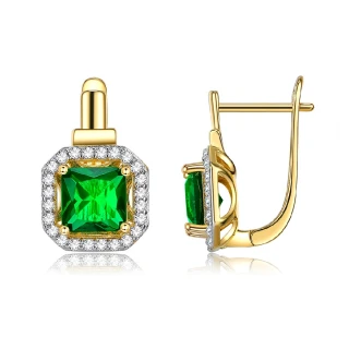 【Aphrodite 愛芙晶鑽】華貴綠晶璀璨寶石方鑽造型耳環(黃金色)