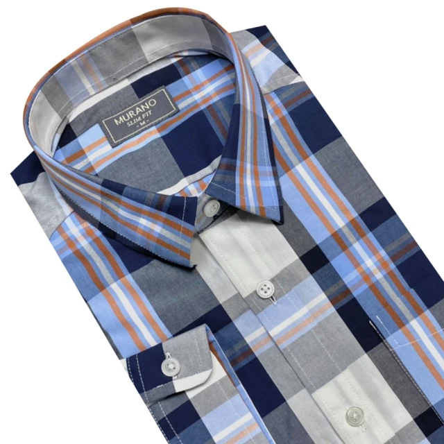 【MURANO】SLIM FIT 長袖襯衫-藍灰白格(台灣製、現貨、修身、格紋)