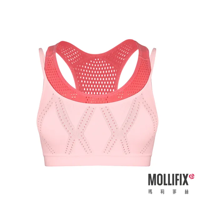 【Mollifix 瑪莉菲絲】A++雙層包覆運動BRA、瑜珈服、無鋼圈、運動內衣(粉+橘)