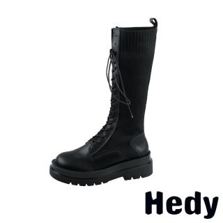 【Hedy】厚底馬丁靴 長筒馬丁靴/潮流時尚針織拼接復古長筒馬丁靴(黑)