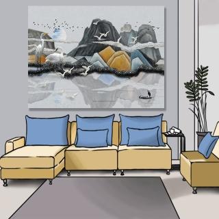 【24mama 掛畫】單聯式 油畫布 景觀 抽象 插圖 滿月 雲 動物 船 倒影 湖 無框畫-80x60cm(抽象丘陵)