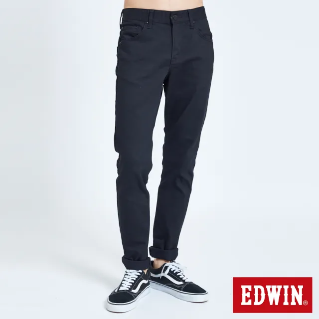 【EDWIN】男裝 EDGE皮邊雙袋窄管牛仔褲(黑色)