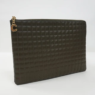 【CELINE】CELINE金字LOGO絎縫格紋設計牛皮2卡拉鍊手拿包(深卡其)