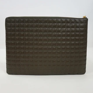 【CELINE】CELINE金字LOGO絎縫格紋設計牛皮2卡拉鍊手拿包(深卡其)