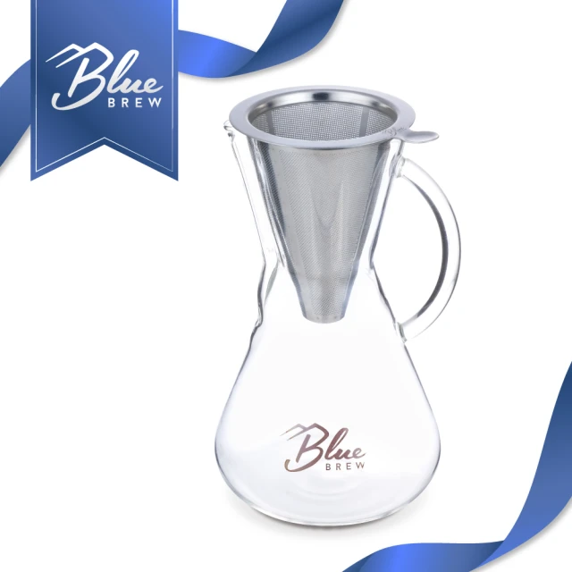 【美國 Blue Brew】手沖咖啡壺2件組 含不鏽鋼雙層濾杯及咖啡壺 600ml(手沖咖啡 濾杯 玻璃水壺 質感生活)