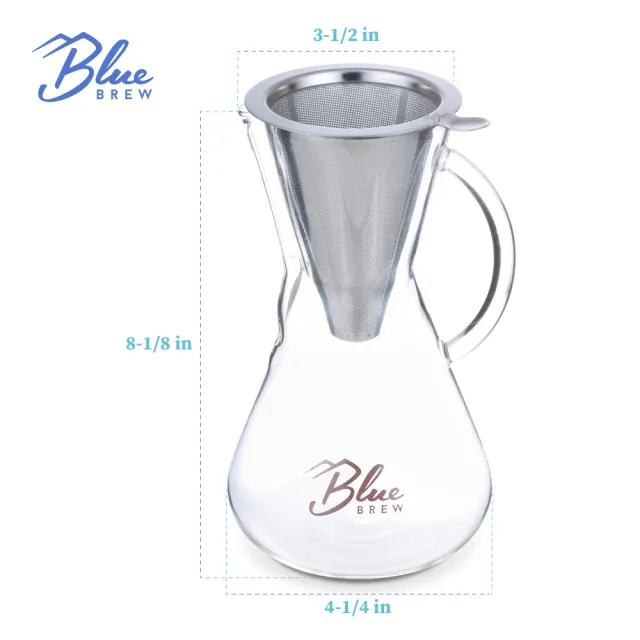 【美國 Blue Brew】手沖咖啡壺2件組 含不鏽鋼雙層濾杯及咖啡壺 600ml(手沖咖啡 濾杯 玻璃水壺 質感生活)