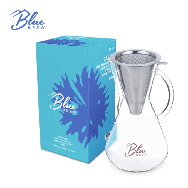 【美國 Blue Brew】手沖咖啡壺2件組 含不鏽鋼雙層濾杯及咖啡壺 600ml(手沖咖啡 濾杯 玻璃水壺 質感生活)