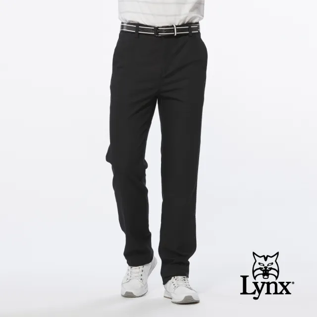 【Lynx Golf】男款彈性舒適天絲棉後袋蓋設計素面基本款平口休閒長褲(黑色)