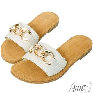 【Ann’S】水洗牛皮-金屬粗鍊條軟澎全真皮圓頭平底涼拖鞋(米白)