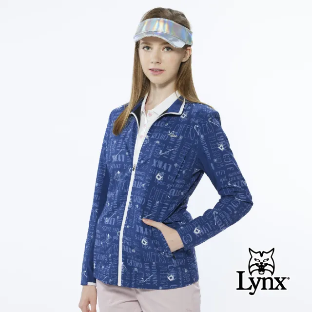 【Lynx Golf】女款吸排功能TRICOT刷毛Lynx字樣印花長袖外套(深藍色)