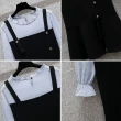 【KVOLL】現貨-玩美衣櫃法式拼接不對稱撞色吊帶澎澎束袖假兩件連衣裙L-4XL