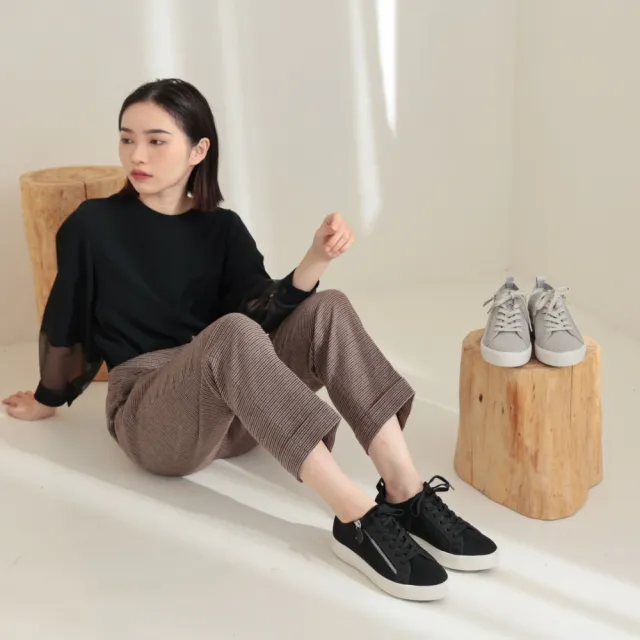 【WYPEX】針織透氣拉鍊綁帶休閒鞋女平底鞋帆布鞋(黑色)