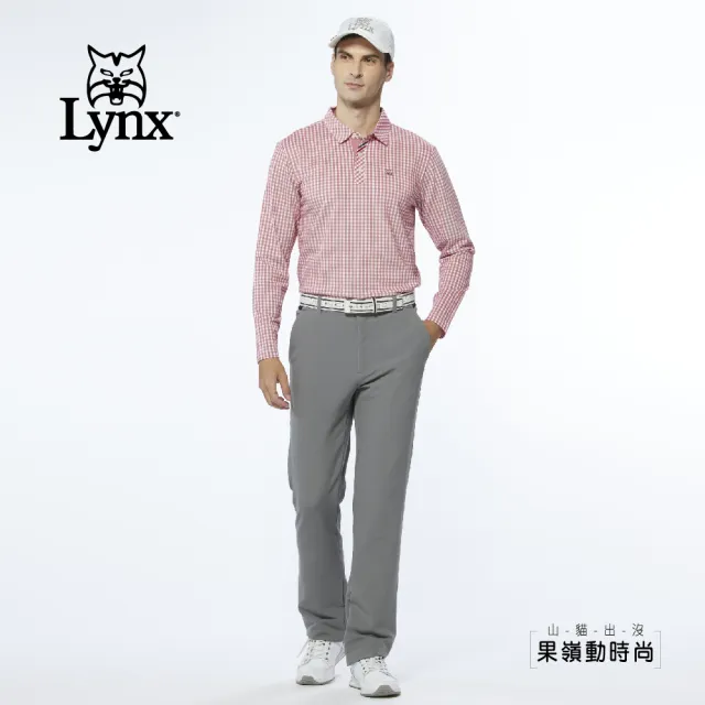 【Lynx Golf】男款吸排防菌多功能經典格紋款Lynx植絨設計長袖POLO衫/高爾夫球衫(紅色)