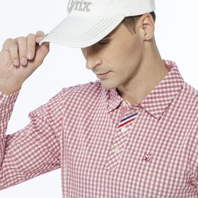 【Lynx Golf】男款吸排防菌多功能經典格紋款Lynx植絨設計長袖POLO衫/高爾夫球衫(紅色)