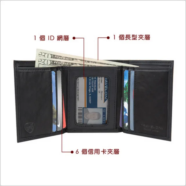 【Travelon】RFID真皮單鈔票層三折短夾 黑(中夾錢包 短夾錢包 皮包 零錢包)