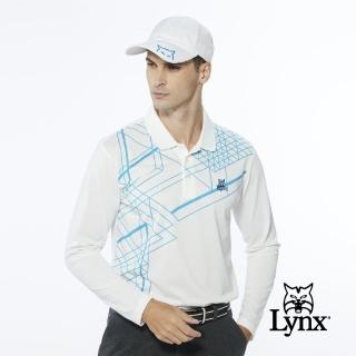 【Lynx Golf】男款吸濕排汗網眼材質線條設計山貓繡花長袖POLO衫/高爾夫球衫(白色)