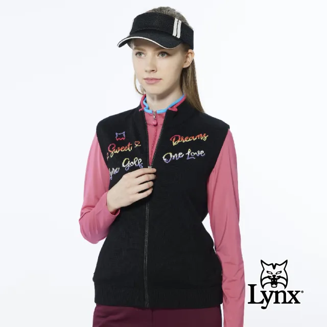 【Lynx Golf】女款保暖羊毛混紡彩色文字緹花領緣配色無袖立領背心(黑色)