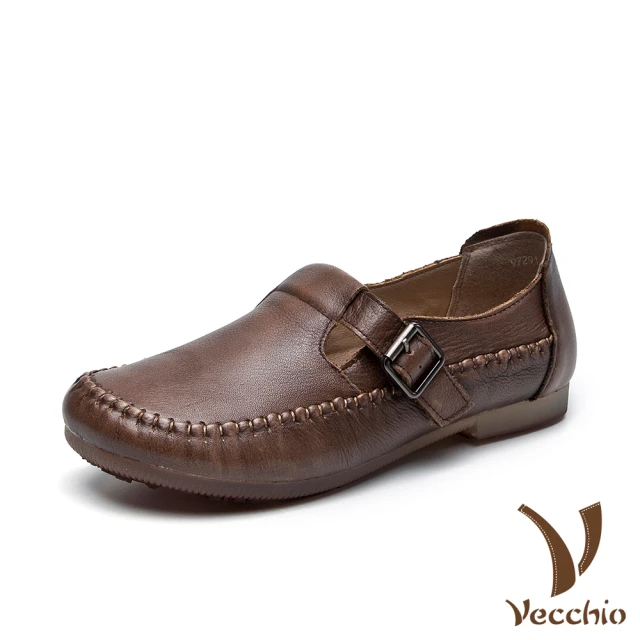 【Vecchio】真皮頭層牛皮復古手工縫線皮帶釦飾造型軟底舒適休閒鞋(棕)