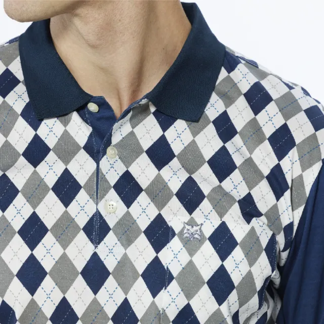 【Lynx Golf】男款純棉雙絲光英倫菱格紋路山貓LOGO胸袋款長袖POLO衫/高爾夫球衫(深藍色)