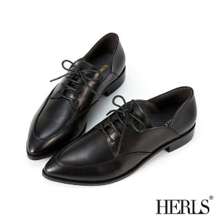 【HERLS】牛津鞋-時髦全真皮側V尖頭德比鞋牛津鞋(黑色)