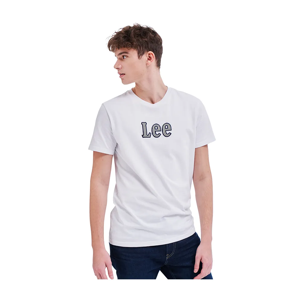 【Lee 官方旗艦】男裝 短袖T恤 / 直條設計 大LOGO 經典白 標準版型(LL210075K14)