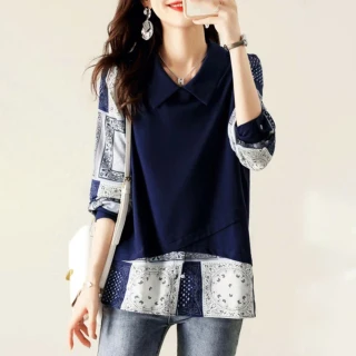【初色】韓版寬鬆拼接長袖T恤上衣女上衣-深藍色-90552(M-2XL可選)