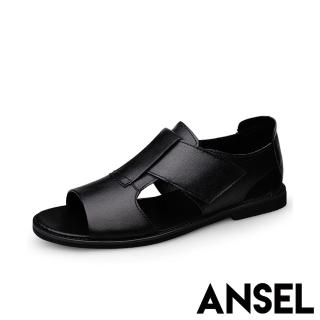 【ANSEL】真皮涼鞋 低跟涼鞋/真皮簡約拼接魔鬼粘舒適休閒低跟涼鞋-男鞋(黑)