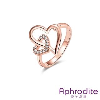 【Aphrodite 愛芙晶鑽】縷空雙心環扣美鑽線條造型戒指(玫瑰金色)