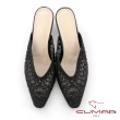 【CUMAR】蕾絲鏤空鑽飾點綴穆勒高跟涼鞋(黑)