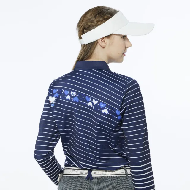 【Lynx Golf】女款合身版吸排抗UV內刷毛斜條紋後背愛心印花長袖POLO衫/高爾夫球衫(深藍色)